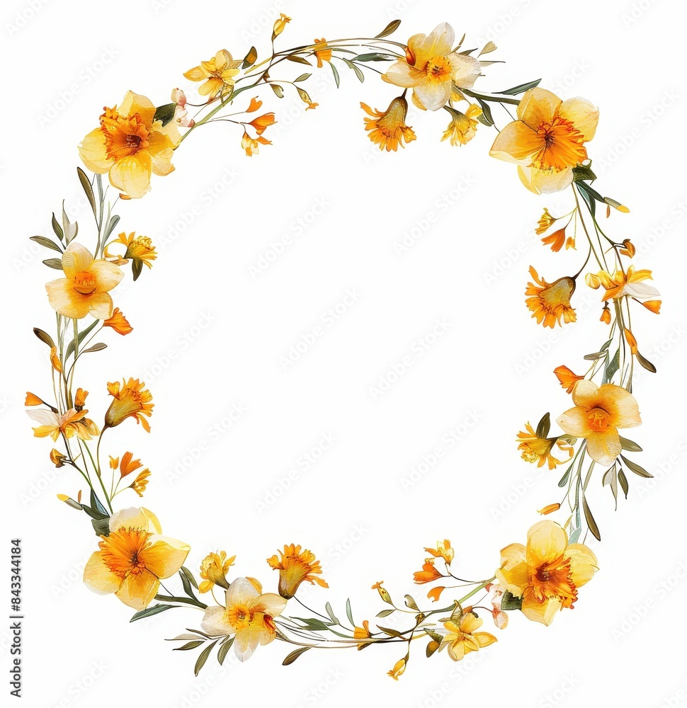 Floral Wreath of Yellow and White Daffodils, Elegant wreath made of yellow and white daffodils with green leaves, perfect for spring decor, on a white background.
Floral Wreath of Yellow and White Daffodils, Elegant wreath made of yellow and white daffodils with green leaves, perfect for spring decor, on a white background.