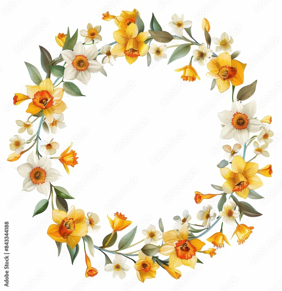 Floral Wreath of Yellow and White Daffodils, Elegant wreath made of yellow and white daffodils with green leaves, perfect for spring decor, on a white background.
Floral Wreath of Yellow and White Daffodils, Elegant wreath made of yellow and white daffodils with green leaves, perfect for spring decor, on a white background.