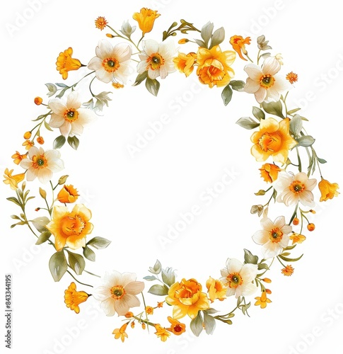 Floral Wreath of Yellow and White Daffodils  Elegant wreath made of yellow and white daffodils with green leaves  perfect for spring decor  on a white background. 