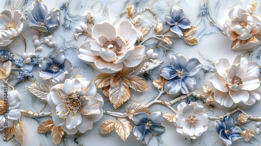Intricate 3D mural in white and blue, detailed rose gold jewelry with flowers, beautifully crafted for an elegant look