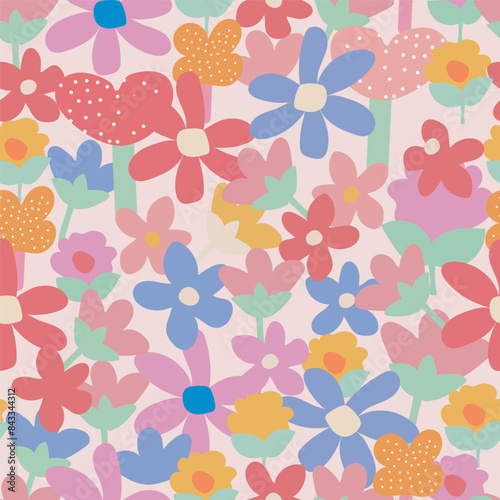 Vector hand drawn abstract seamless pattern colorful flowers in bloom wallpaper background