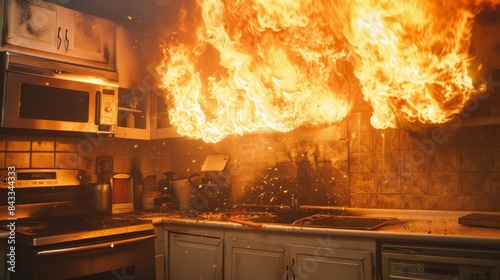 Intense fire blazing in a residential kitchen, highlighting fire hazards, with a focus on home safety and emergency response