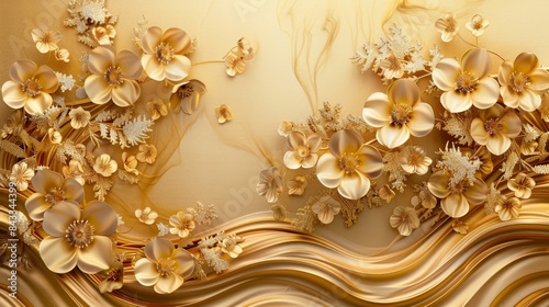 Wallpaper Mural Intricate golden floral background with 3D flowers, luxurious gold waves, and a touch of opulence, detailed nature art Torontodigital.ca