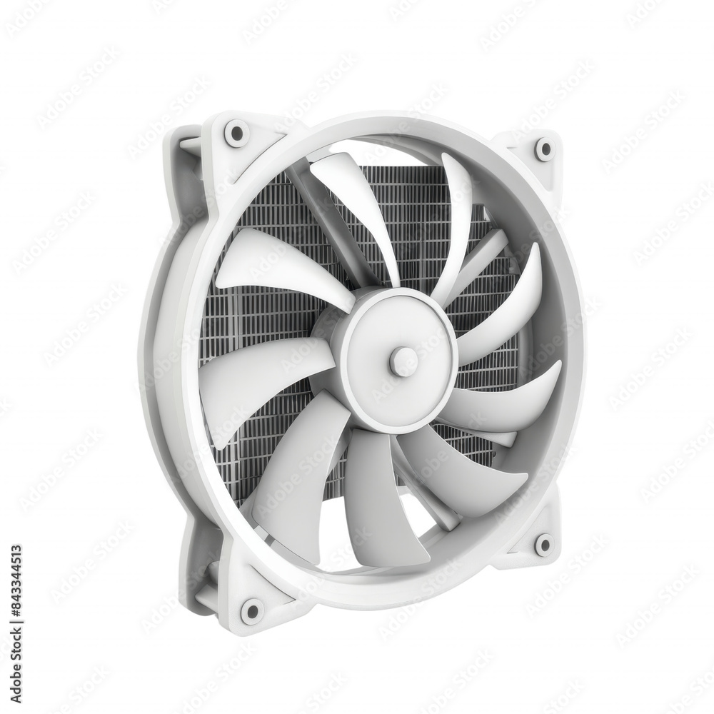 High-quality, white plastic computer cooling fan for efficient airflow and temperature control in electronic devices and PC builds. High-quality, white plastic computer cooling fan for efficient airflow and temperature control in electronic devices and PC builds.