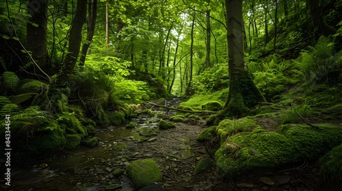 Lush and Verdant Forest Path with Moss Covered Rocks and Flowing Stream