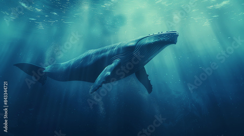 blue whale under deep blue ocean water with sun light rays