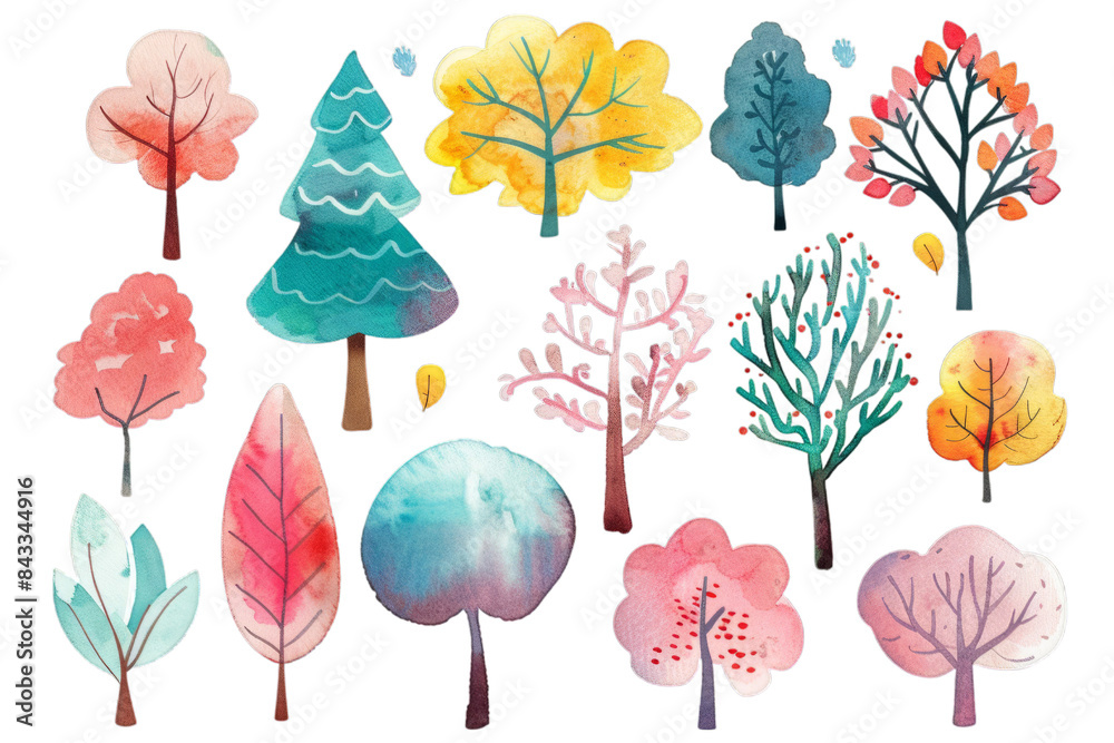 Obraz premium Collection of various watercolor trees with whimsical shapes and vibrant colors, featuring shades of green, pink, blue, yellow, and orange, on a transparent background