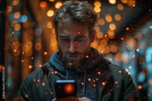 Man with beard looking at phone