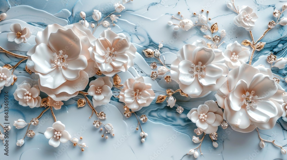 Stunning 3D mural in white and blue, showcasing rose golden jewelry and blooming flowers, beautifully designed and elegant Stunning 3D mural in white and blue, showcasing rose golden jewelry and blooming flowers, beautifully designed and elegant