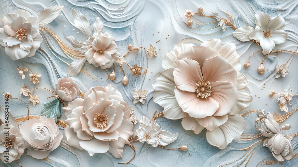 Stunning 3D mural in white and blue, showcasing rose golden jewelry and blooming flowers, beautifully designed and elegant Stunning 3D mural in white and blue, showcasing rose golden jewelry and blooming flowers, beautifully designed and elegant