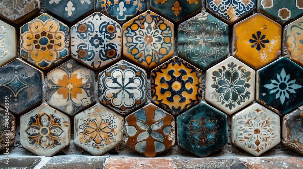 Set of ceramic tiles arranged in a hexagonal honeycomb pattern, with intricate designs, showcasing beautiful craftsmanship Set of ceramic tiles arranged in a hexagonal honeycomb pattern, with intricate designs, showcasing beautiful craftsmanship