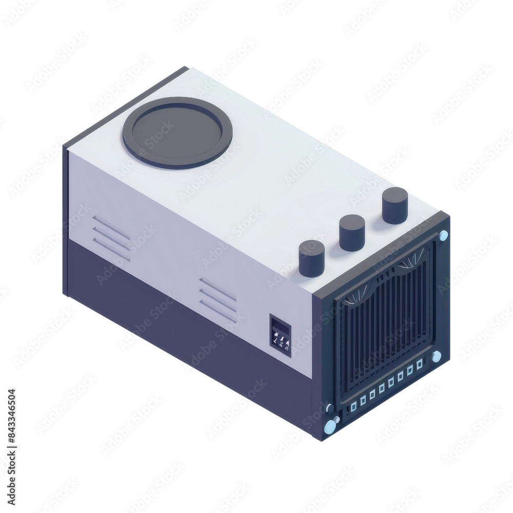 Isometric illustration of a modern desktop 3D printer with detailed design, control buttons, and printing platform, isolated on white background. Isometric illustration of a modern desktop 3D printer with detailed design, control buttons, and printing platform, isolated on white background.
