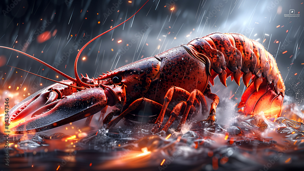 A large lobster is shown in a fiery ocean with a stormy sky in the background. Concept of danger and chaos, as the lobster is surrounded by flames and the water is turbulent A large lobster is shown in a fiery ocean with a stormy sky in the background. Concept of danger and chaos, as the lobster is surrounded by flames and the water is turbulent