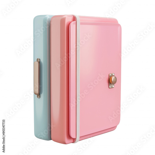 Modern minimalist design pink and blue retro-style suitcase with a handle, ideal for travel, fashion accessories, and vintage decor concepts. photo