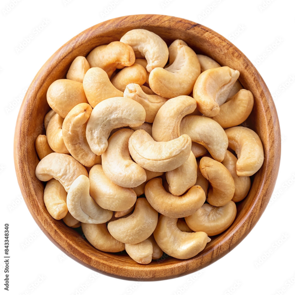 Cashew top view on wooden bowl Isolated on transparent background Cashew top view on wooden bowl Isolated on transparent background