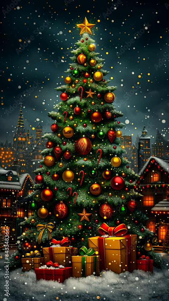 A Christmas tree with many ornaments and lights is shown in a snowy city. The tree is surrounded by boxes and presents, and there are lights on the houses in the background A Christmas tree with many ornaments and lights is shown in a snowy city. The tree is surrounded by boxes and presents, and there are lights on the houses in the background