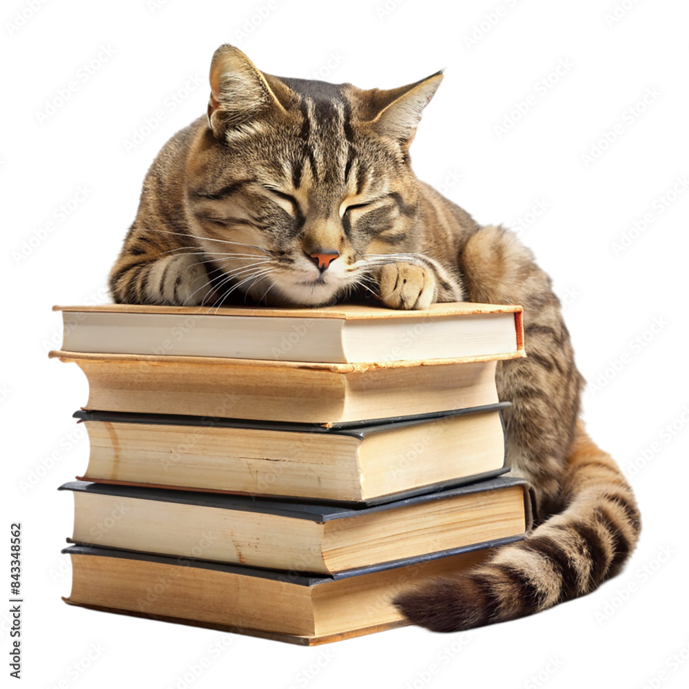 Cat sleeping on top of a pile of books Isolated on transparent background Cat sleeping on top of a pile of books Isolated on transparent background
