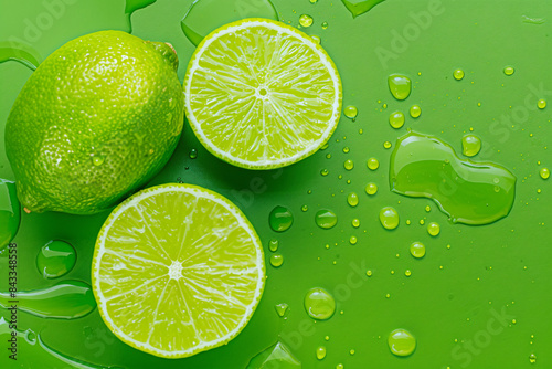 Fresh limes with water droplets on a green background, showcasing whole and sliced citrus fruits, highlighting their vibrant, juicy, and refreshing qualities.
