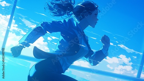 走っているビジネスウーマンのシルエット、青空13