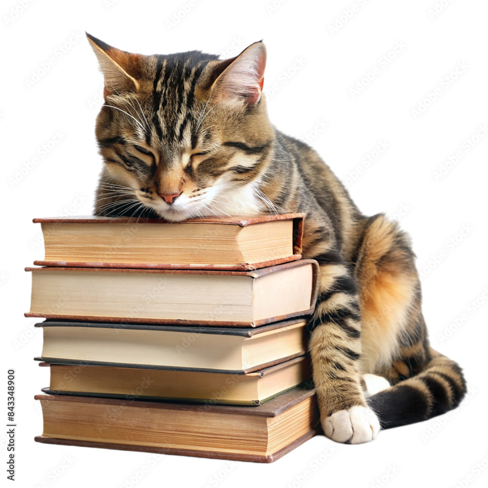 Cat sleeping on top of a pile of books Isolated on transparent background Cat sleeping on top of a pile of books Isolated on transparent background