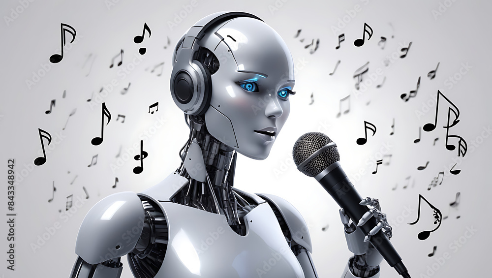 Naklejka premium A robotic singer singing on the microphone with copy space and AI abstract background of music notes, AI Artist or AI Singer and AI music concept 