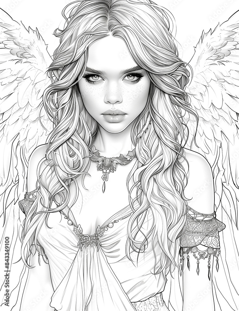 A woman with long hair is drawn as an angel. The drawing is in black and white and has a dreamy, ethereal quality. The woman's face is the focal point of the image A woman with long hair is drawn as an angel. The drawing is in black and white and has a dreamy, ethereal quality. The woman's face is the focal point of the image