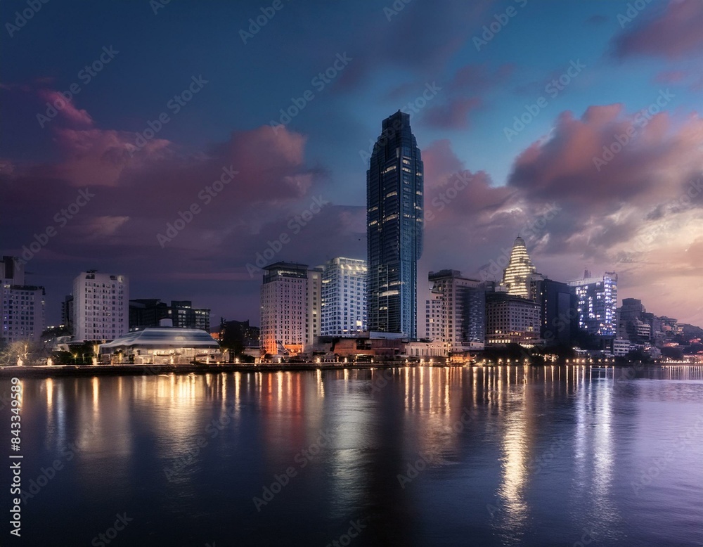 Fototapeta premium night, city, skyline, cityscape, water, lights, river, downtown, reflection, urban, buildings, architecture, building, dusk, panorama, evening, landscape, sea, sky, skyscraper, travel, london, vancouv