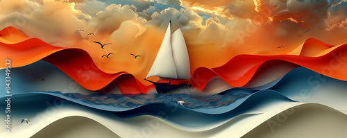A sailboat is sailing on a blue ocean with a red and white background. The sky is cloudy and the sun is setting