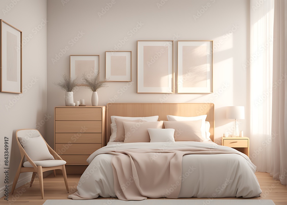 Mockup white empty frame in light cozy and simple bedroom interior background, 3d render