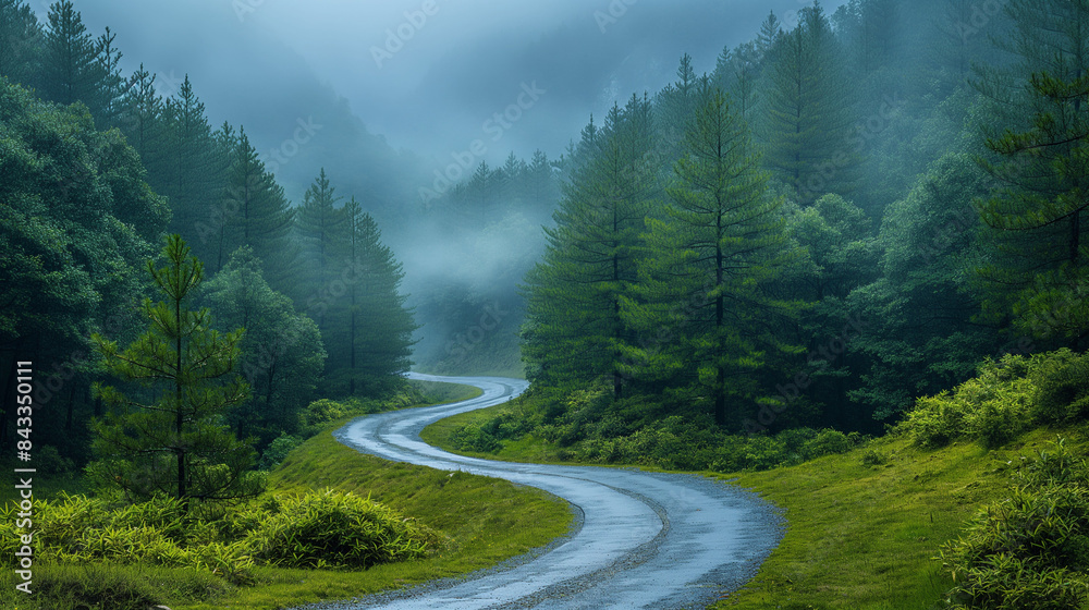 Fototapeta premium A scenic mountain road winding through a lush forest in the Canadian Rockies on a summer day