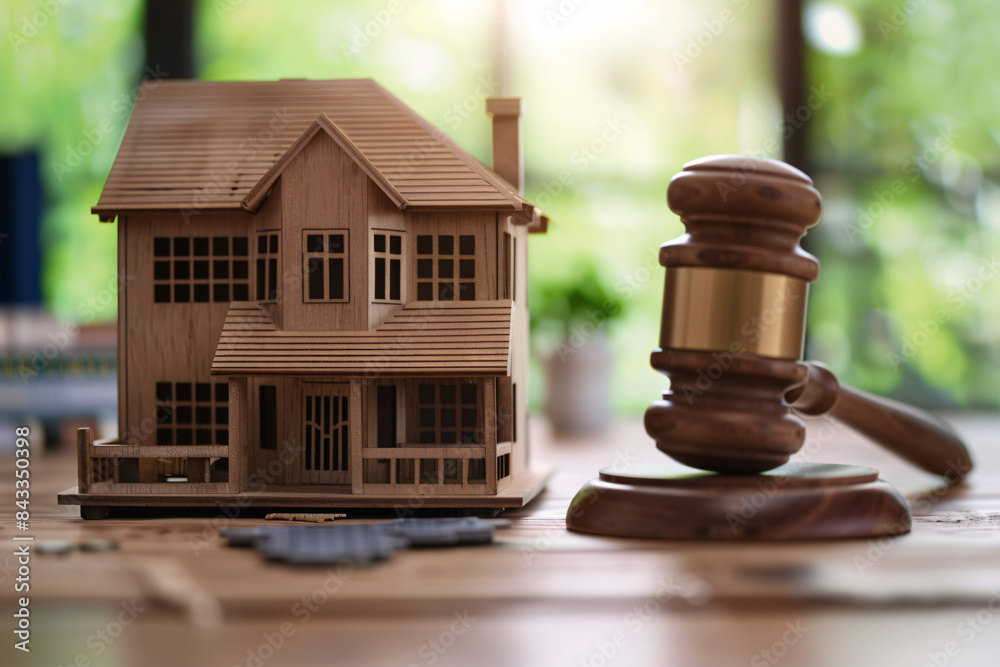 a wooden gavel next to a model house a wooden gavel next to a model house