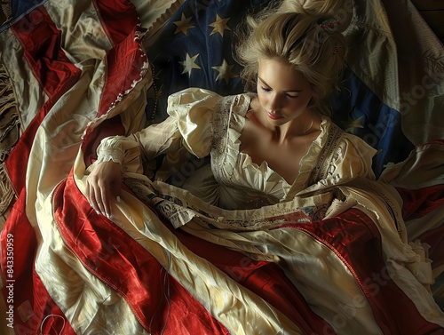 Capture a low-angle view of Betsy Ross in a historical reenactment, showing her sewing the first American flag, in a realistic oil painting style