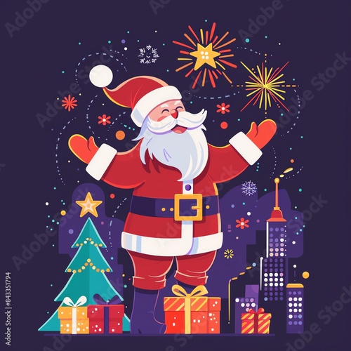 Festive cartoon Santa Claus with gifts and fireworks, celebrating Christmas in a city skyline at night.