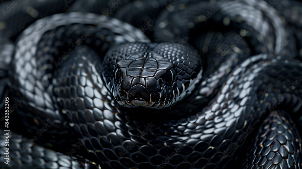 Detailed close-up of a black snake's head, showcasing its intricate scales and intense eyes in a coiled position.
Detailed close-up of a black snake's head, showcasing its intricate scales and intense eyes in a coiled position.