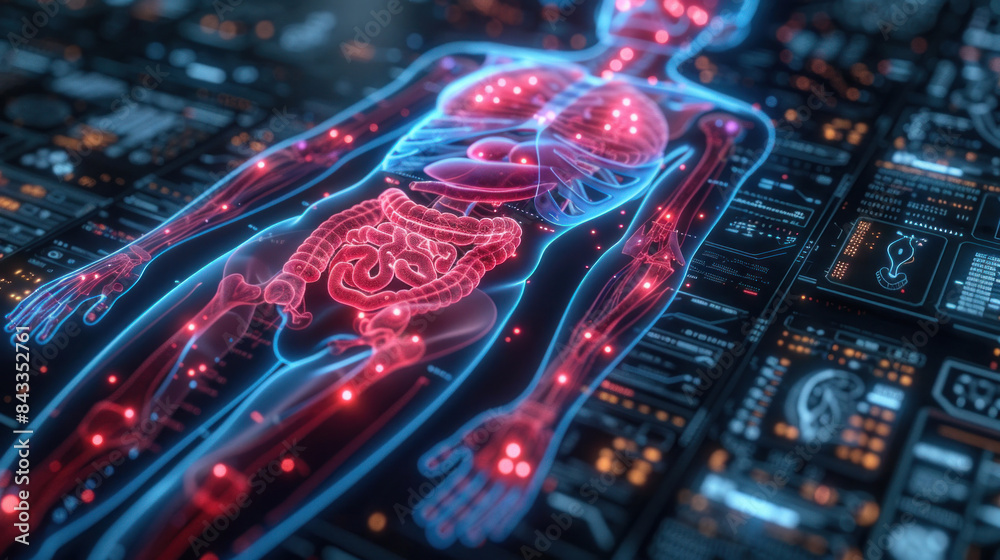 Fototapeta premium Cutting-edge hologram featuring a neon glow and translucent human stomach, illustrating the digestive system. Futuristic medical backdrop highlights the advancements in medical imaging technology