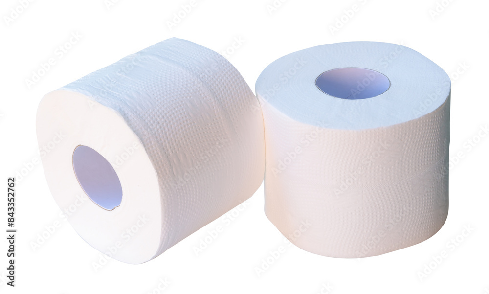 Front view of two rolls of tissue paper or toilet paper in stack isolated on white background with clipping path Front view of two rolls of tissue paper or toilet paper in stack isolated on white background with clipping path