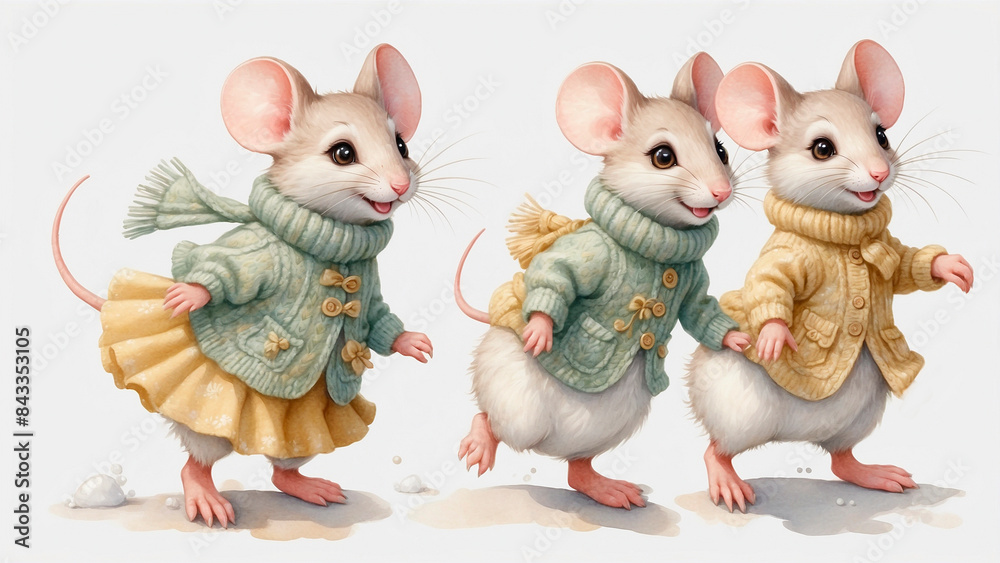 cutest mice in winter clothes, retro watercolor art cutest mice in winter clothes, retro watercolor art