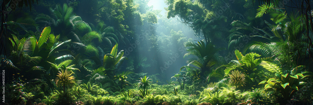 Dense green forest with a rich variety of tropical plants, towering trees, and exotic flora, offering a glimpse into the heart of nature's beauty.