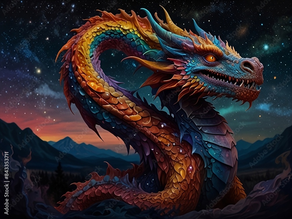 A targerian dragon of many hues its body a canvas of swirling colours set against a dark and starry night sky.
A targerian dragon of many hues its body a canvas of swirling colours set against a dark and starry night sky.