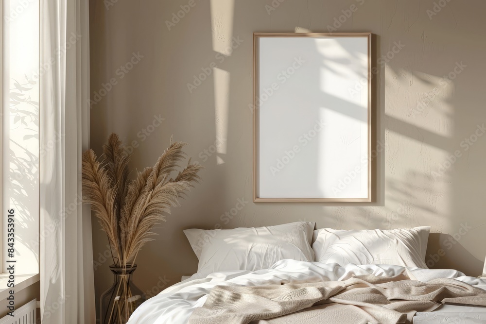 Fototapeta premium mockup picture frame in a light cozy and simple bedroom interior