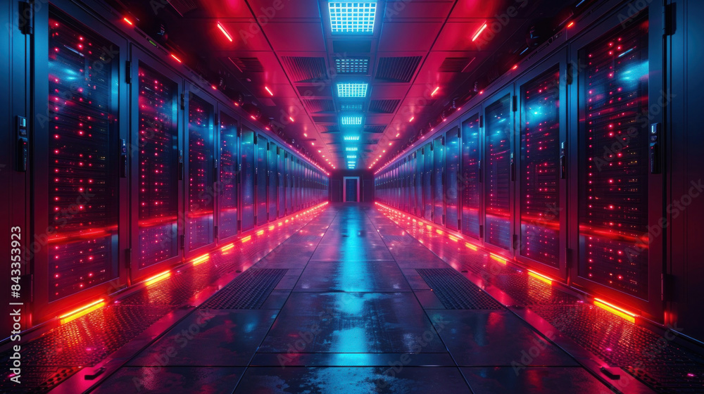 Futuristic data center with high-speed racks, glowing with blue LED lights, in an advanced server room, showcasing cutting-edge technology. Futuristic data center with high-speed racks, glowing with blue LED lights, in an advanced server room, showcasing cutting-edge technology.