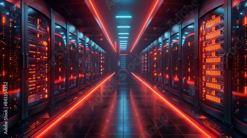 High-tech server room with high-speed racks in a futuristic data center, filled with neon lights and advanced network equipment.