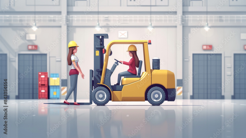 Woman character checking loading and shipment. Forklift truck with worker. Logistic transport service. Vector flat illustration concept.generative ai Woman character checking loading and shipment. Forklift truck with worker. Logistic transport service. Vector flat illustration concept.generative ai