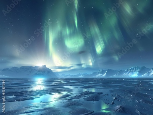 Spectacular aurora borealis display lighting up the dark sky, with vivid hues of green and blue reflecting off the snowy ground below, capturing the aweinspiring beauty of nature