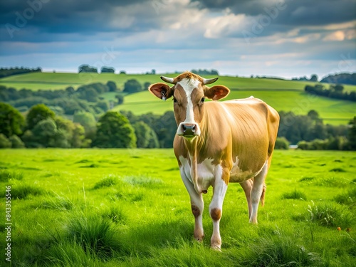 A Cow Standing In A Lush Green Field Looking At The Camera With A Hill And Trees In The Background photo