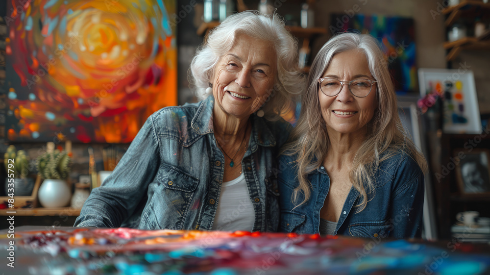 Fototapeta premium Senior gay lesbian couple painting together on canvas at home. LGBTQ Family love,generative ai