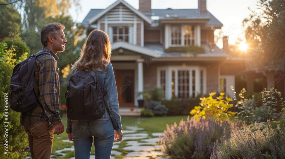 Real estate agent inviting couple to enter house for visit.generative ai Real estate agent inviting couple to enter house for visit.generative ai