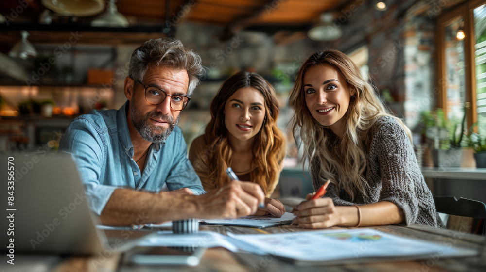 Mature couple discussing over documents with real estate agent at table.generative ai Mature couple discussing over documents with real estate agent at table.generative ai