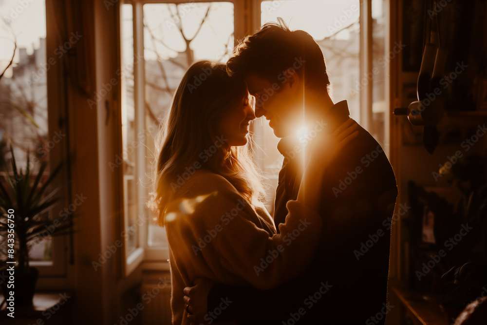young couple at home in morning. Hugging, Valentine's Day young couple at home in morning. Hugging, Valentine's Day