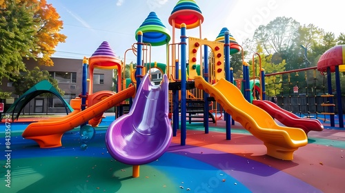 A rainbow color playground with equipment made from recycled plastics, safe and engaging for children, Generative AI illustrations. 
